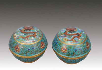 A Pair of Exquisite Cloisonne Lotus and Dragon Pattern Cover Bowls