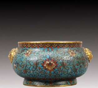 A Gorgeous Cloisonne 'Scrolling Lotus' Lion-Handled Censer