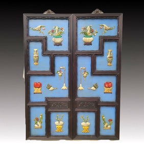 A Pair of Huge Zitanwood Flower Pattern Hanging Panels, Inlaid Gems