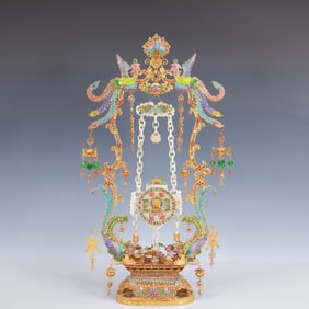 A Huge Filigree and Gilding Inlaid White Jade Double-Ears Vase,Inlaid Gems