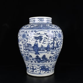 A Rare Blue and White Figure,Flower and Bird Pattern Jar