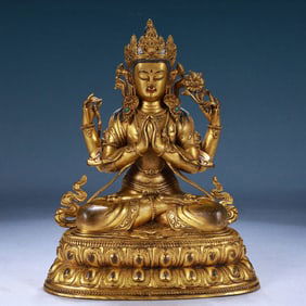 A Solemn Gilt Bronze Four-arms Statue of Avalokitesvara,Inlaid Gems