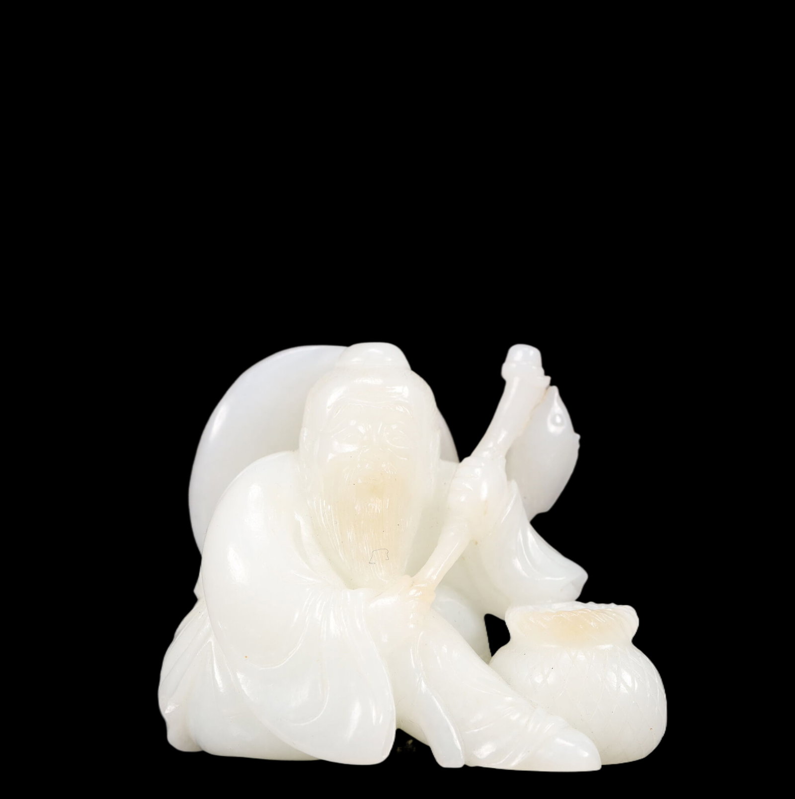 An Exquisite White Jade Oid Fisherman Ornament: An Exquisite White Jade Oid Fisherman Ornament, Qing Dynasty, China, Size:2.6inx1.4inx2in, Weight:138g 精美的白玉渔翁摆件,中国清