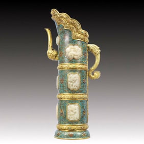 A Huge Cloisonne Inlaid White Jade Lotus and Dragon Pattern Ewer