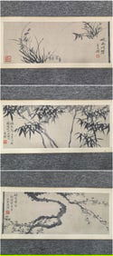 A Chinese Hand Scroll Ink Painting of Plum Blossom, Orchid and Bamboo on Paper,Luo Pin