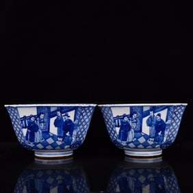 A Pair of Exquisite Blue and White Figure Pattern Bowls