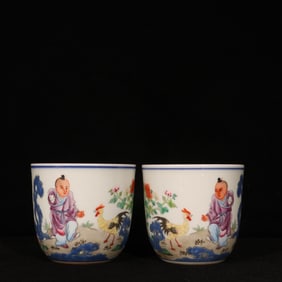 A Pair of Exquisite Famille-Rose Character and Story Pattern Cups,With Poem