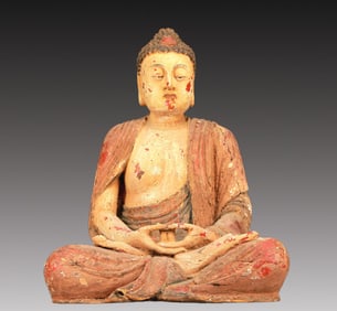 A Precious Wood Painted Glass-Inlaid Figure Of Buddha Shakyamuni