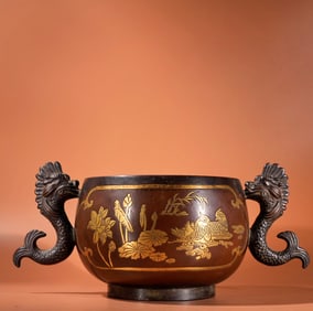 An Exquisite Gilt Bronze Flower and Bird Pattern Dragon-Ears Censer