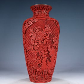 A Rare Carved Red Lacquer Flower and Bird Pattern Vase