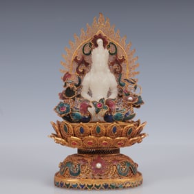An Exquisite Filigree and Gilding Inlaid White Jade Statue of Avalokitesvara,Inlaid Gems