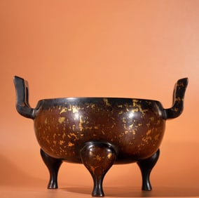 An Exquisite Bronze Sprinkled-Gold Double-Ears and Tripod Censer