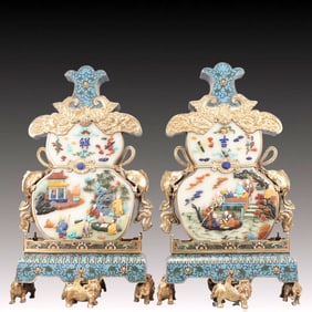 A Pair of Rare Cloisonne Inlaid Gems Figure Pattern Gourd-Shaped Table Screens,with poem