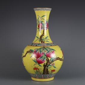 A Rare Yellow Ground Famille-Rose Painted Gold Peach Pattern Vase