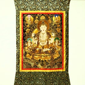 An Exquisite Gold Embroidery Four-arms Avalokitesvara Tangka