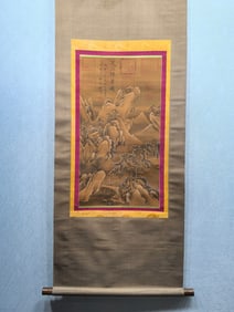 A Chinese Vertical Scroll Ink Painting of Landscape and Figure on Silk,Song Huizong