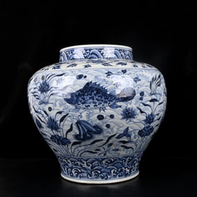 A Rare Blue and White Fish and Algae Pattern Jar