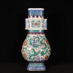 A Rare Doucai Flower,Dragon and Phoenix Pattern Double-Ears Vase