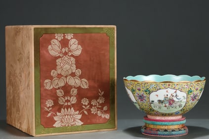 An Exquisite Famille-Rose Yellow Ground Painted Gold Lotus and Figure Pattern Bowl