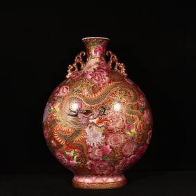 A Huge Enamel Painted Gold Flower,Dragon and Phoenix Pattern Dragon-Ears Vase