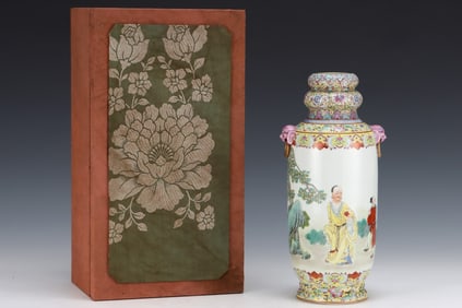 An Exquisite Famille-Rose Painted Gold Figure Pattern Beast-Ears Vase