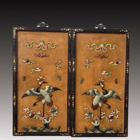 A Pair of Huge Zitanwood Crane Pattern Hanging Panels, Inlaid Gems