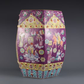 A Huge Ruby Red Ground Yellow Ground Famille-Rose Figure Pattern Hollow Stool