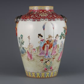 A Rare Famille-Rose Painted Gold Character and Story Pattern Bat-Ears Vase