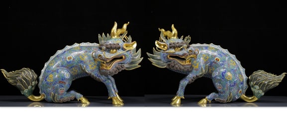 A Pair of Huge Cloisonne Kylin Censers