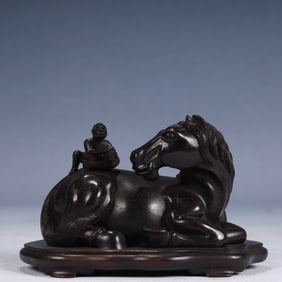 An Exquisite Zitanwood Figure Pattern Horse Ornament,With Base