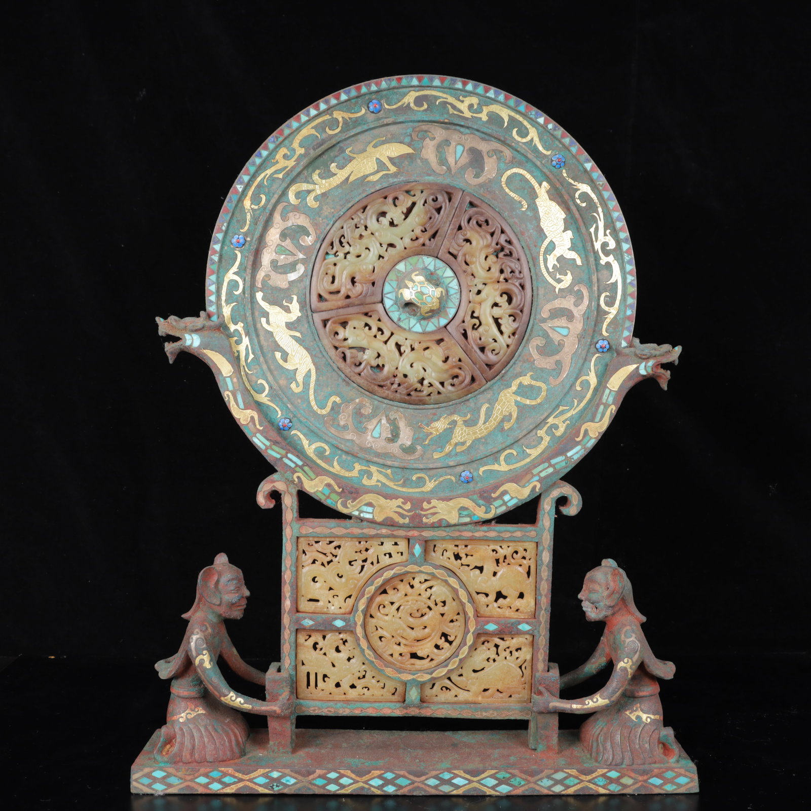 An Archaic Bronze Inlaid Gold and Silver Dragon Pattern Mirror: An Archaic Bronze Inlaid Gold and Silver Dragon Pattern Mirror,The Warring States period in China,Size:15.2inx2.6inx15.7in,Weight:7250g 铜错金银龙纹镜子