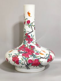 A Rare Famille-Rose Bats and Litchi Pattern Vase,With Poem
