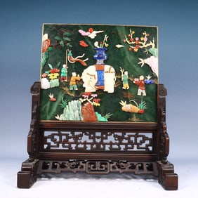 A Huge ZitanwoodInlaid Jasper Figure and Elephant Pattern Table Screen,Inlaid Gems