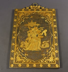A Rare Gilt Bronze Auspicious Cloud and Buddha Statue Pattern Hanging Panel,With Scriptures