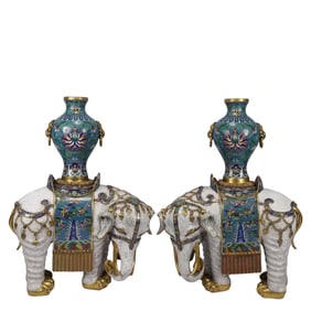 A Pair of Huge Cloisonne Lotus,Auspicious Cloud and Bats Pattern Beast-Ears Vases,With Elephant Base