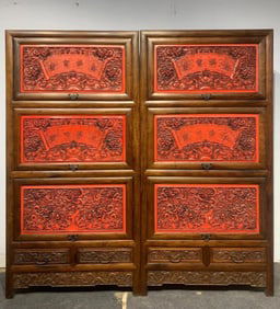 A Pair of Huge Huanghuali wood Carved Red Lacquer Auspicious Cloud and Dragon Pattern Cabinets