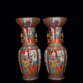 A Pair of Huge Famille-Rose Painted Gold Figure,Flower and Bird Pattern Double-Ears Vases