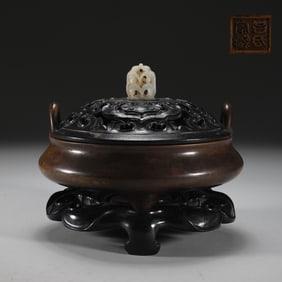 An Exquisite Bronze Double-Ears and Tripod Censer,Inlaid White Jade,With Base