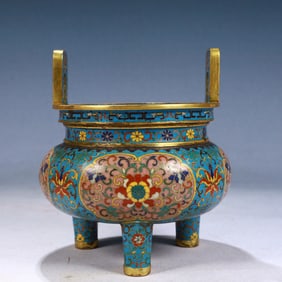 An Exquisite Cloisonne Lotus Pattern Double-Ears and Tripod Censer