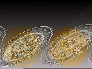 A Pair of Rare Gilt Silver Dragon and Phoenix Pattern Plates