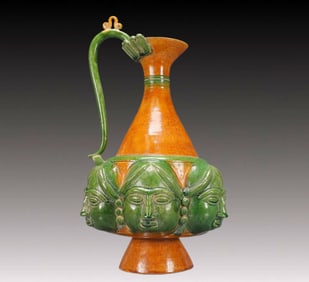 A Huge Tang Tri-Color Glazed Pottery Figure Pattern Ewer