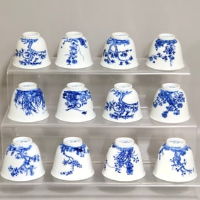 A Set of Fine Blue and White Flower Pattern Cups,With Poem