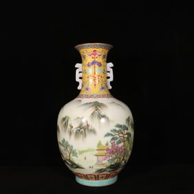 A Rare Enamel Painted Gold Landscape and Figure Pattern Double-Ears Vase