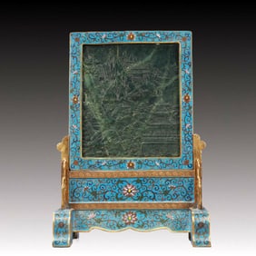A Rare Cloisonne Lotus Pattern Table Screen,Inlaid Landscape Pattern Jasper