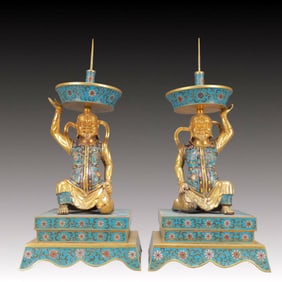 A Exquisite A pair of Cloisonne Lotus Pattern Figures Candlestick