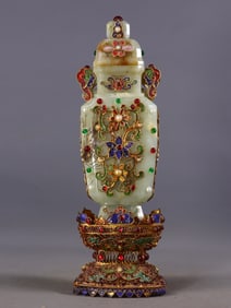 An Exquisite White Jade Cover with Gold Flower Pattern Double-Ears Bottle,Inlaid Gems and
