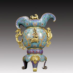 A Huge Cloisonne Auspicious Beast Pattern Dragon and Phoenix-Ears and Tripod Cup