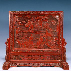 A Huge Carved Red Lacquer Landscape and Figure Pattern Table Screen