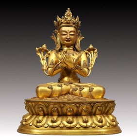 A Solemn Gilt Bronze Statue of Avalokitesvara, Inlaid Gems