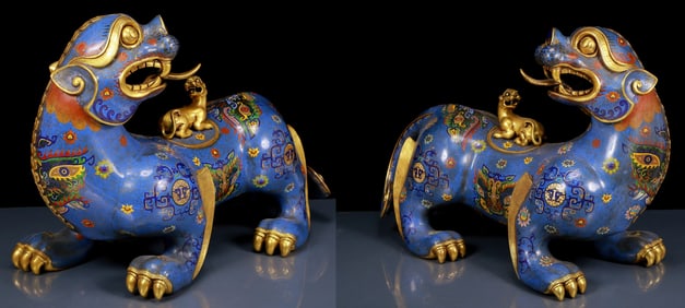 A Pair of Huge Cloisonne Auspicious Beast Censers